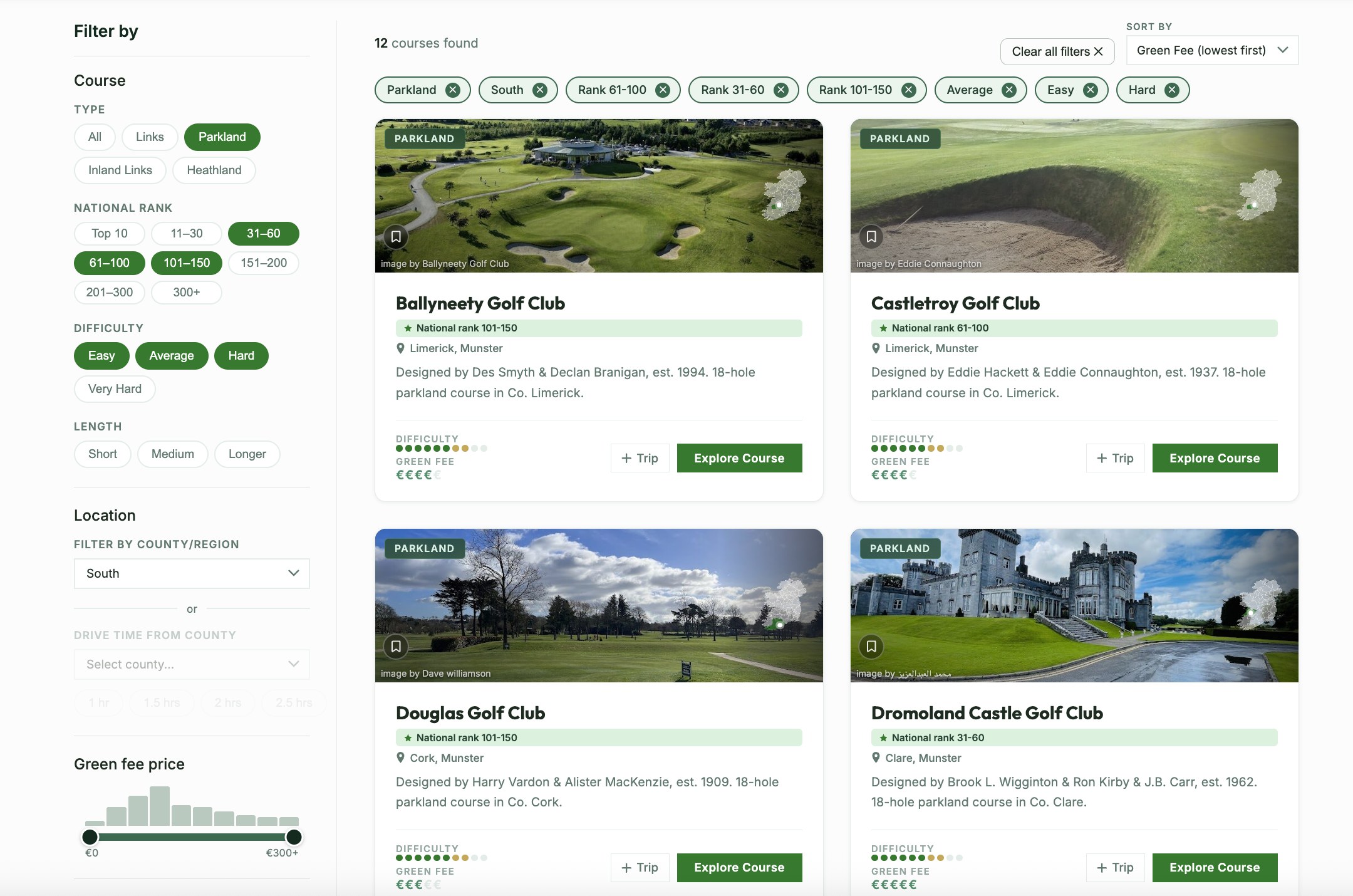 GemTees course finder filtered to parkland courses in the south, showing results with national rank, difficulty and green fee - GemTees