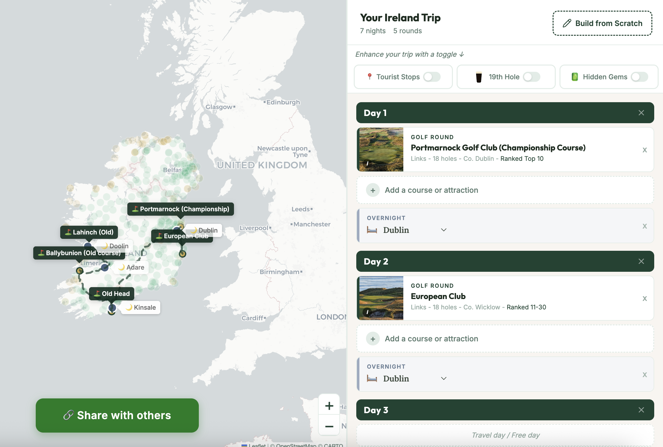 Example Ireland golf trip itinerary built in the GemTees trip planner, showing a route map and day-by-day golf rounds
